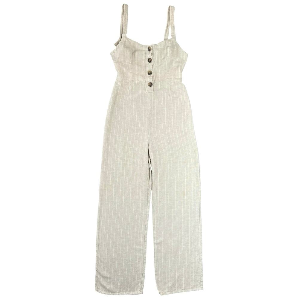Rolla’s Linen Blend Striped Wide Leg Jumpsuit Neutral Button Front Tie Back - S